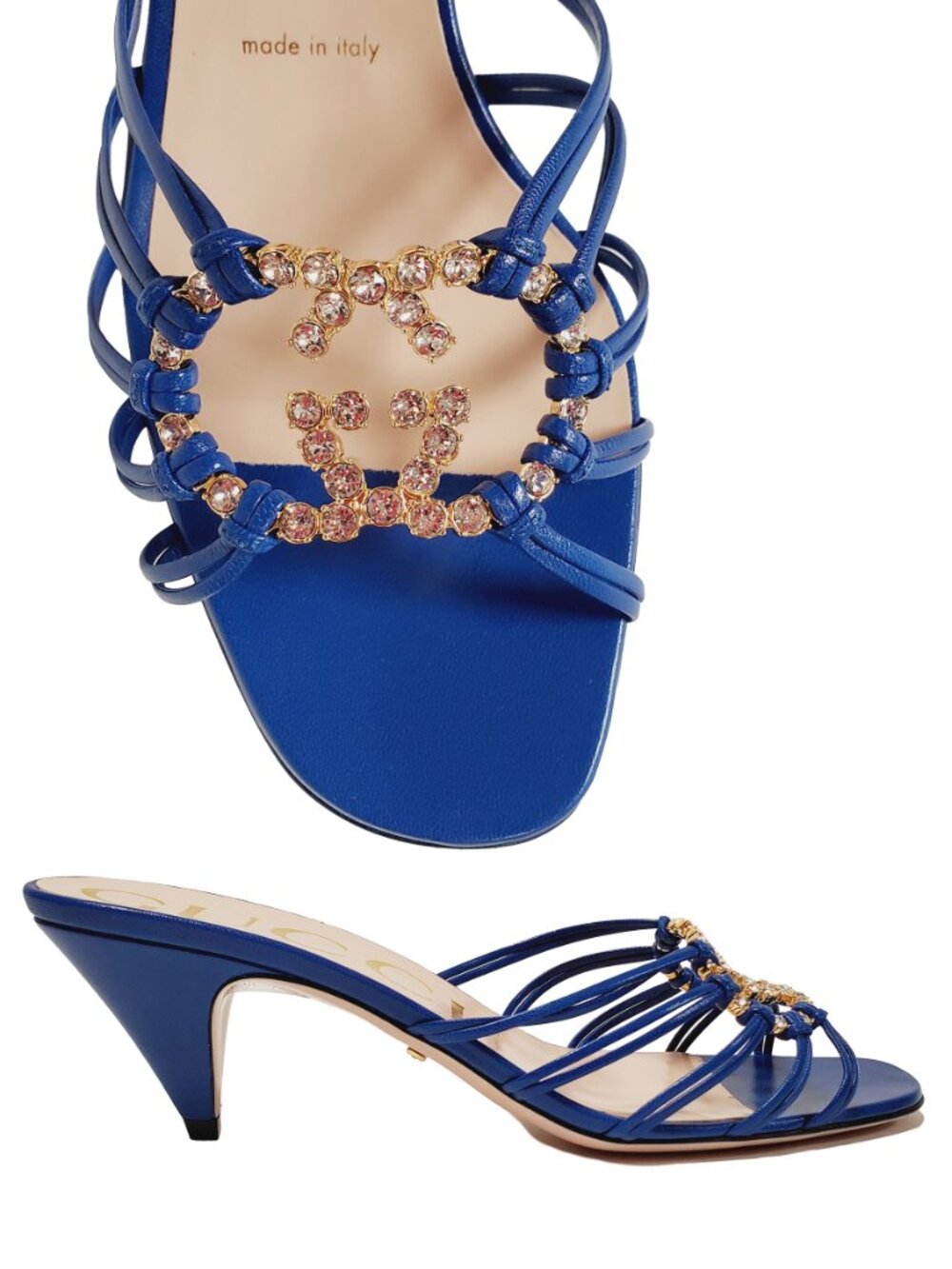 GUCCI SHOES BLUE LEATHER STRAPPY SANDALS CRYSTAL INTERLOCKING LOGO 38 8 US
